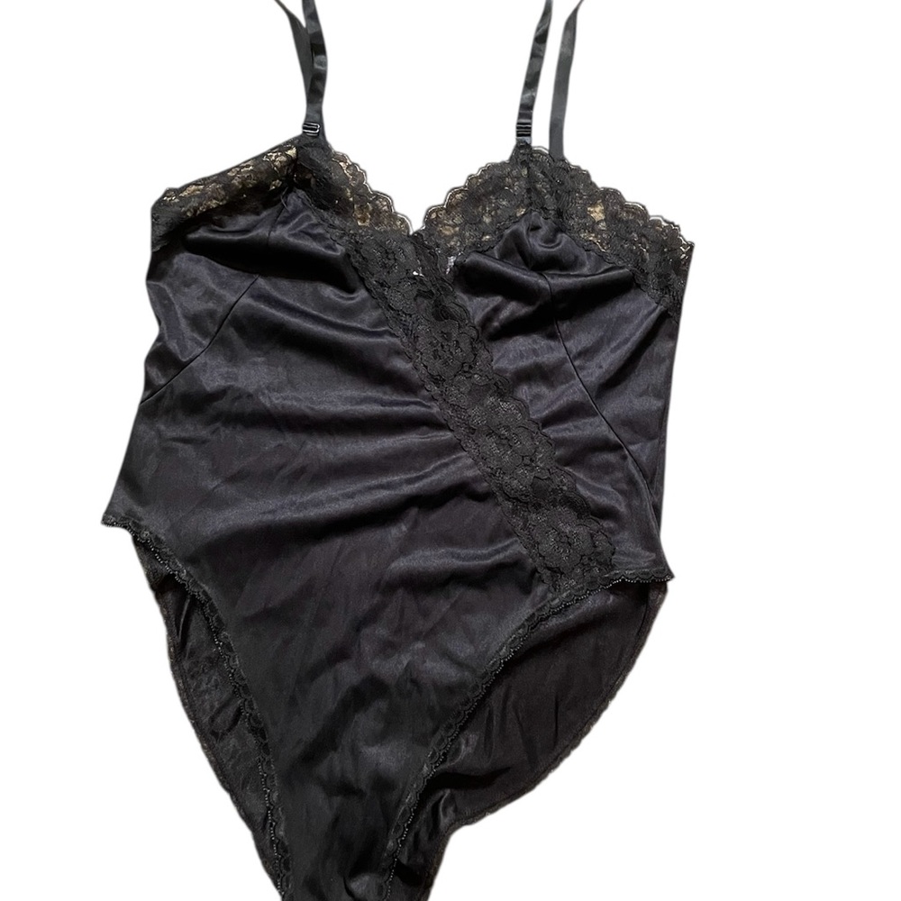 Vintage Cine Star Black Lace size L 1 Piece Bodysuit Negligee w snaps NWOT
